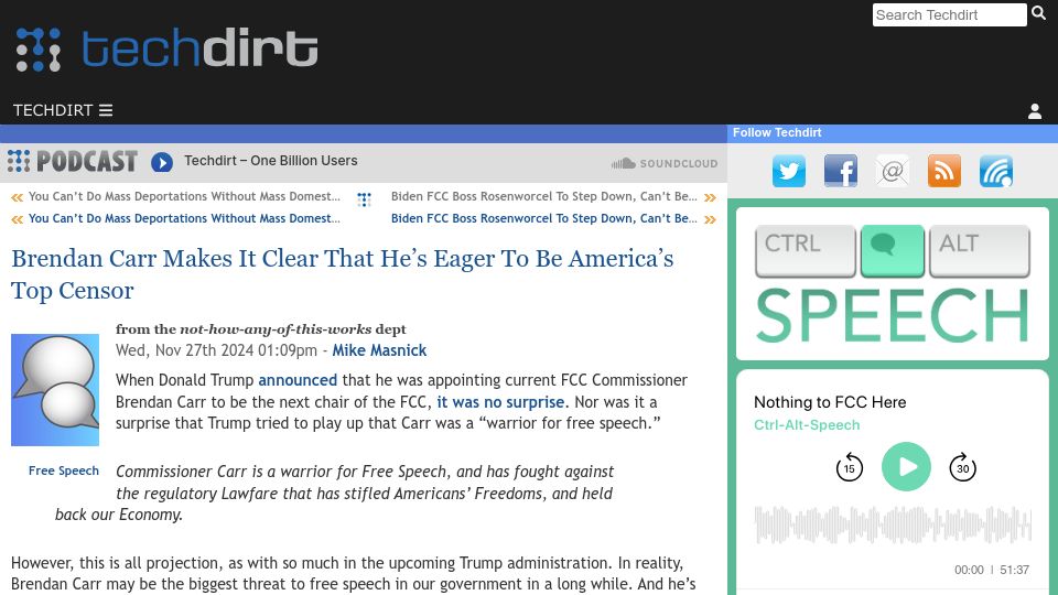 Screenshot of techdirt.com: Brendan Carr Makes It Clear That He's Eager to Be America's Top Censor