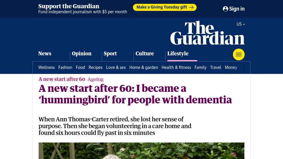 Screenshot of theguardian.com: A new start after 60: I became a 'hummingbird' for people with dementia