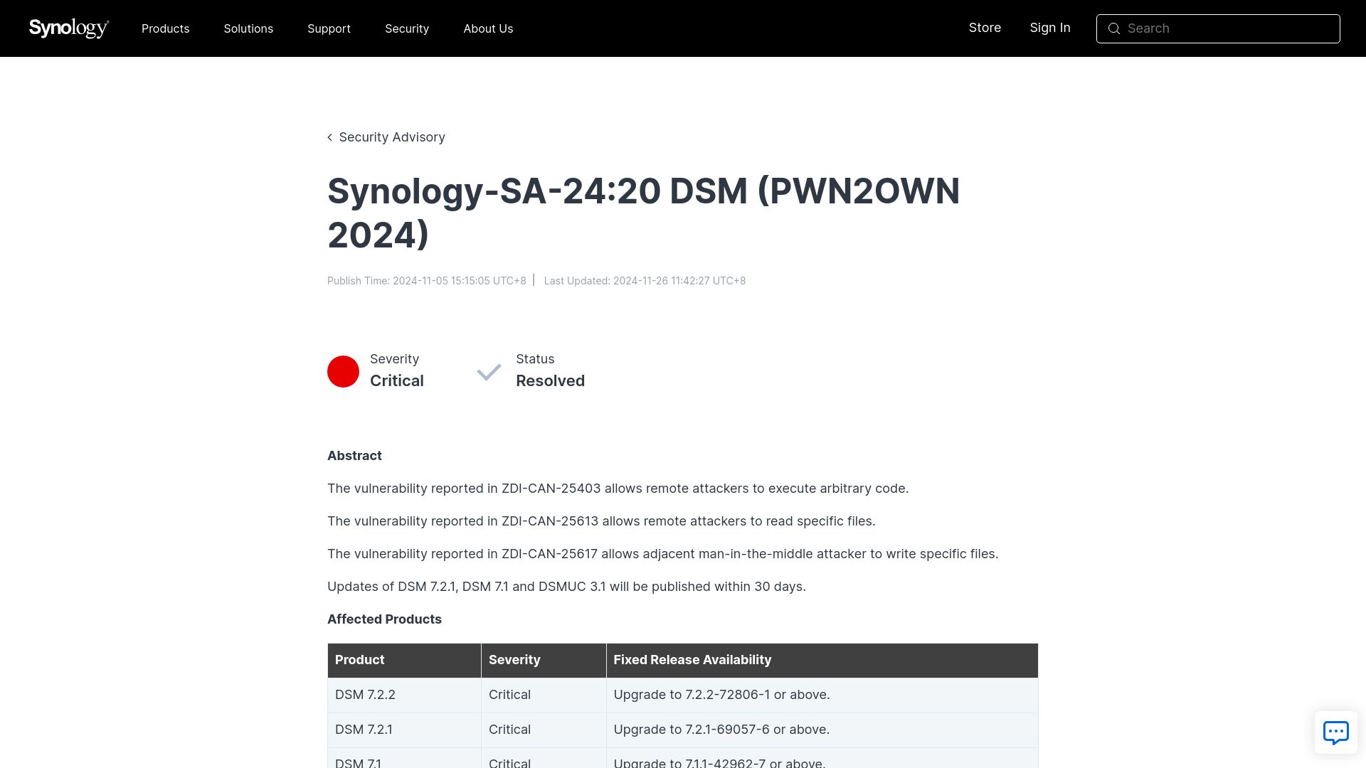 Screenshot of synology.com: Synology patches unannounced multiple zero-day vulnerabilities