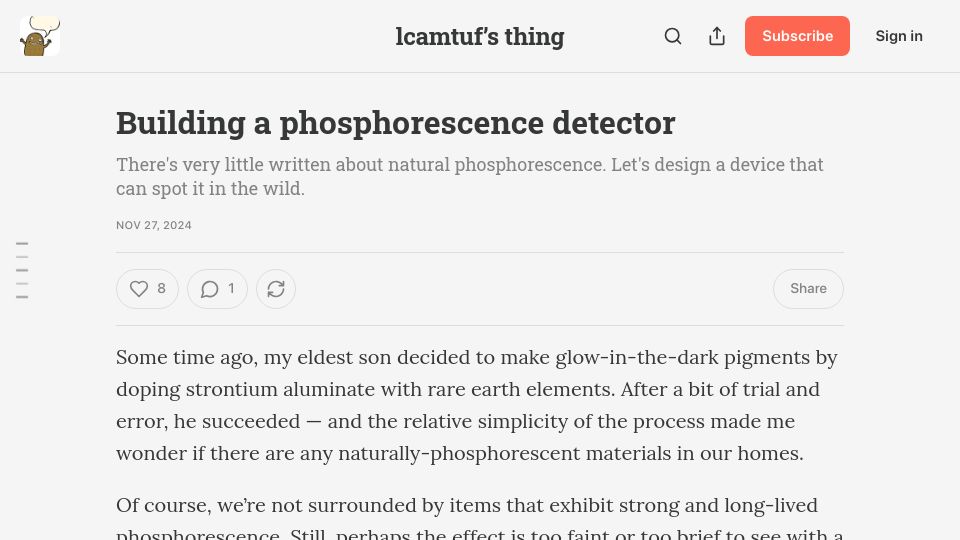 Screenshot of lcamtuf.substack.com: Building a Phosphorescence Detector