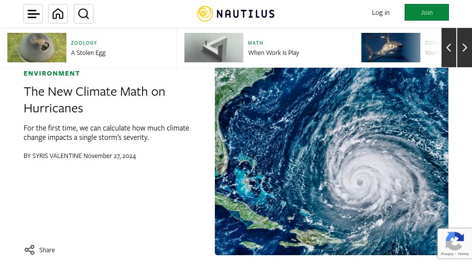 Screenshot of nautil.us: The New Climate Math on Hurricanes
