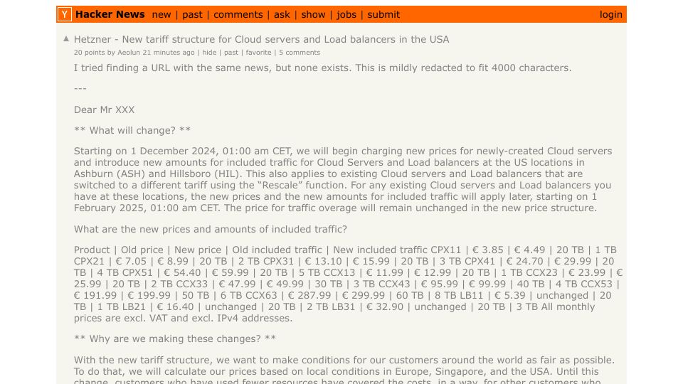 Screenshot of Hacker News post: Hetzner - New tariff structure for Cloud servers and Load balancers in the USA
