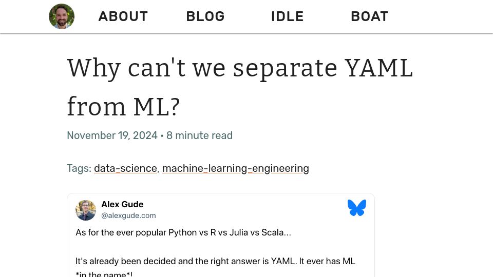 Screenshot of ethanrosenthal.com: Why can't we separate YAML from ML?