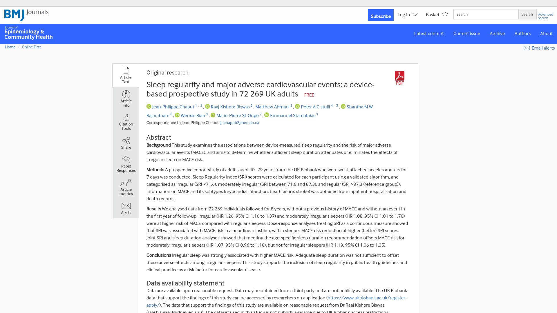 Screenshot of jech.bmj.com: Sleep regularity and major adverse cardiovascular events