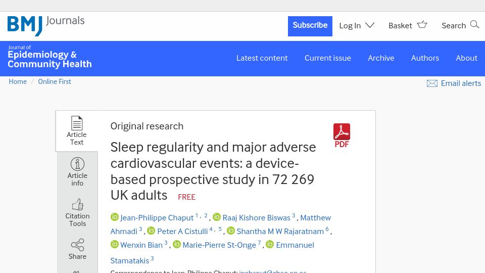 Screenshot of jech.bmj.com: Sleep regularity and major adverse cardiovascular events