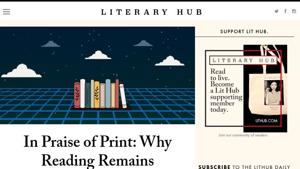 Screenshot of lithub.com: In Praise of Print: Reading Is Essential in an Era of Epistemological Collapse