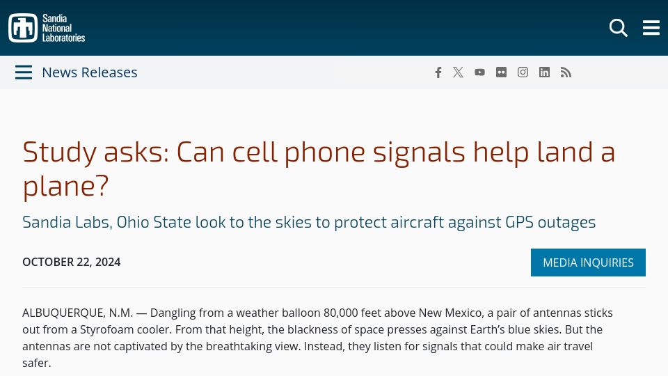 Screenshot of newsreleases.sandia.gov: Study asks: Can cell phone signals help land a plane?