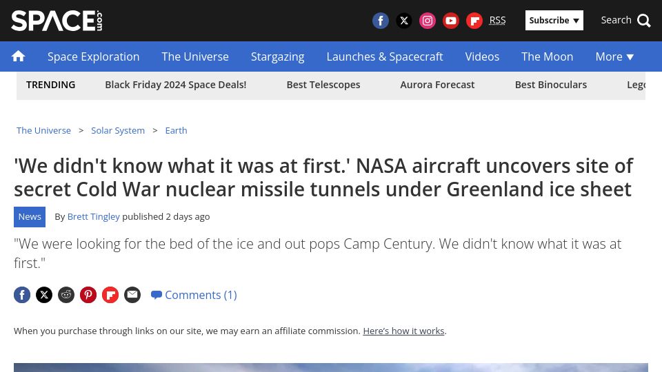 Screenshot of space.com: NASA aircraft uncover Cold War nuclear missile tunnels under Greenland ice sheet