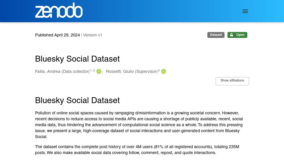 Screenshot of zenodo.org: Bluesky Social Dataset (235M posts from 4M users)