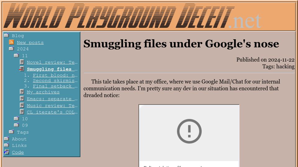 Screenshot of world-playground-deceit.net: Smuggling files under Google's nose