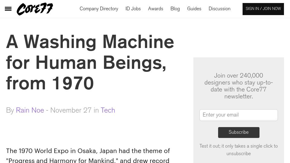 Screenshot of core77.com: A washing machine for human beings, from 1970