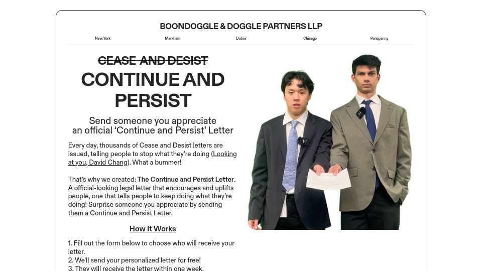 Screenshot of continueandpersist.org: Send someone you appreciate an official 'Continue and Persist' Letter