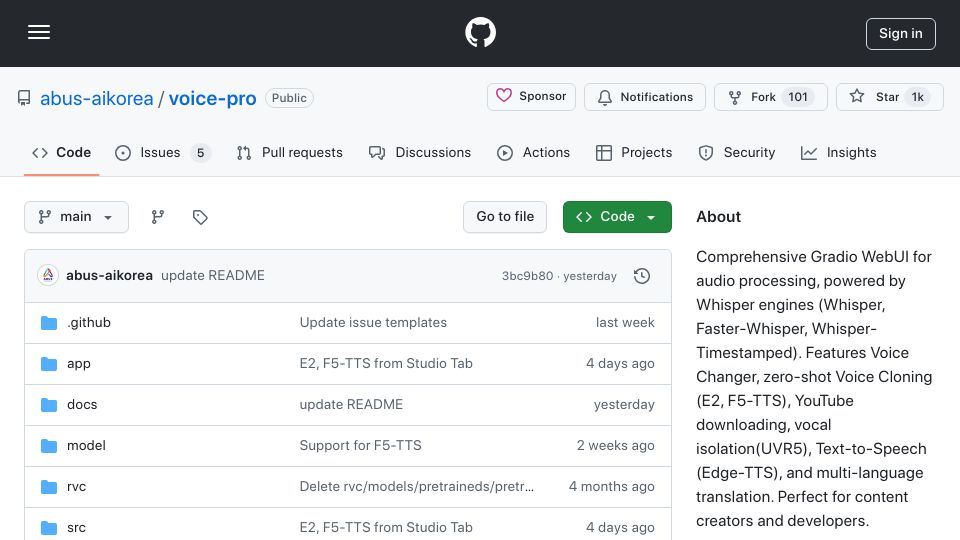 Screenshot of github.com: Show HN: Voice-Pro – AI Voice Cloning