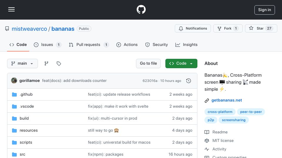 Screenshot of github.com: Bananas: Cross-Platform screen sharing made simple