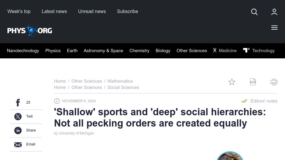 Screenshot of phys.org: Shallow sports and deep social hierarchies: pecking orders aren't equal