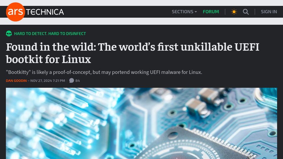 Screenshot of arstechnica.com: Found in the wild: the first unkillable UEFI bootkit for Linux