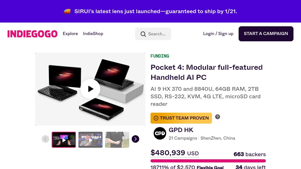 Screenshot of indiegogo.com: Pocket 4: Modular full-featured Handheld AI PC