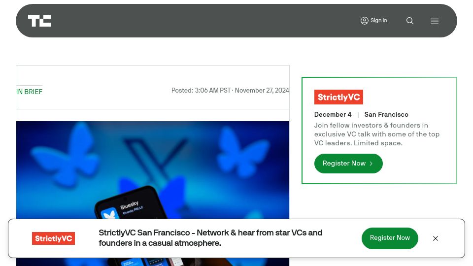 Screenshot of techcrunch.com: Bluesky's open API means anyone can scrape your data for AI training