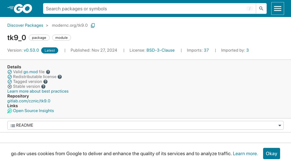 Screenshot of pkg.go.dev: Tk9.0: CGo-free, cross platform GUI toolkit for Go
