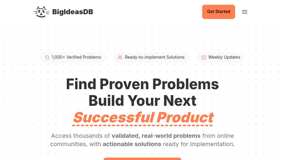 Screenshot of bigideasdb.com: Database full of 1000+ validated problems that can be turned into applications
