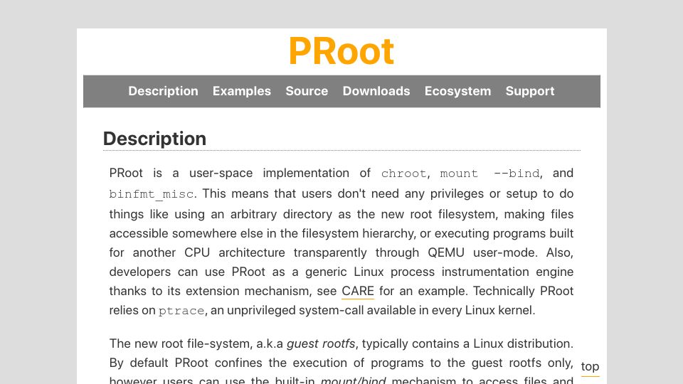 Screenshot of proot-me.github.io: PRoot: User-space implementation of chroot, mount –bind, and binfmt_misc