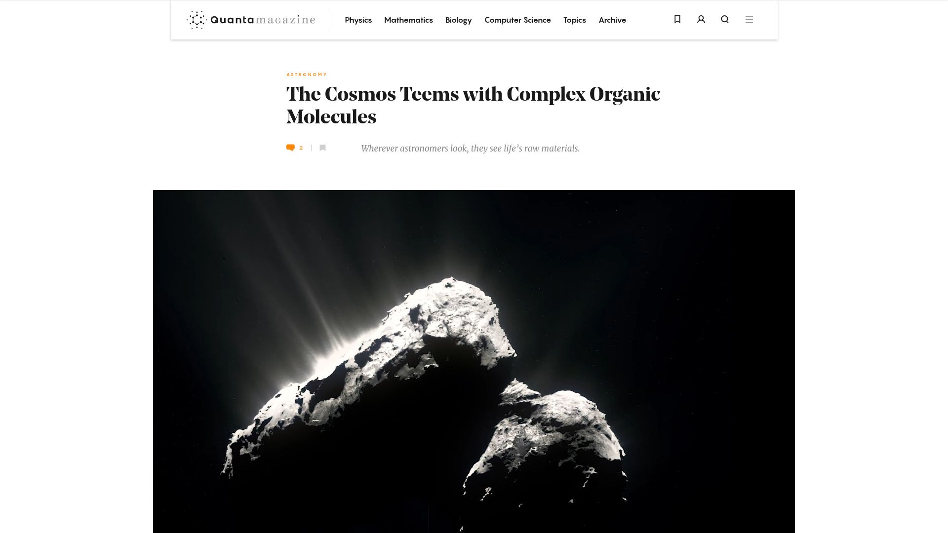 Screenshot of quantamagazine.org: The Cosmos Teems with Complex Organic Molecules