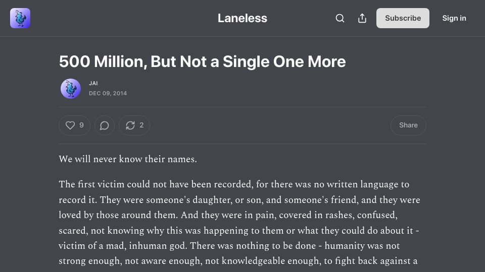 Screenshot of laneless.substack.com: 500 Million, But Not a Single One More