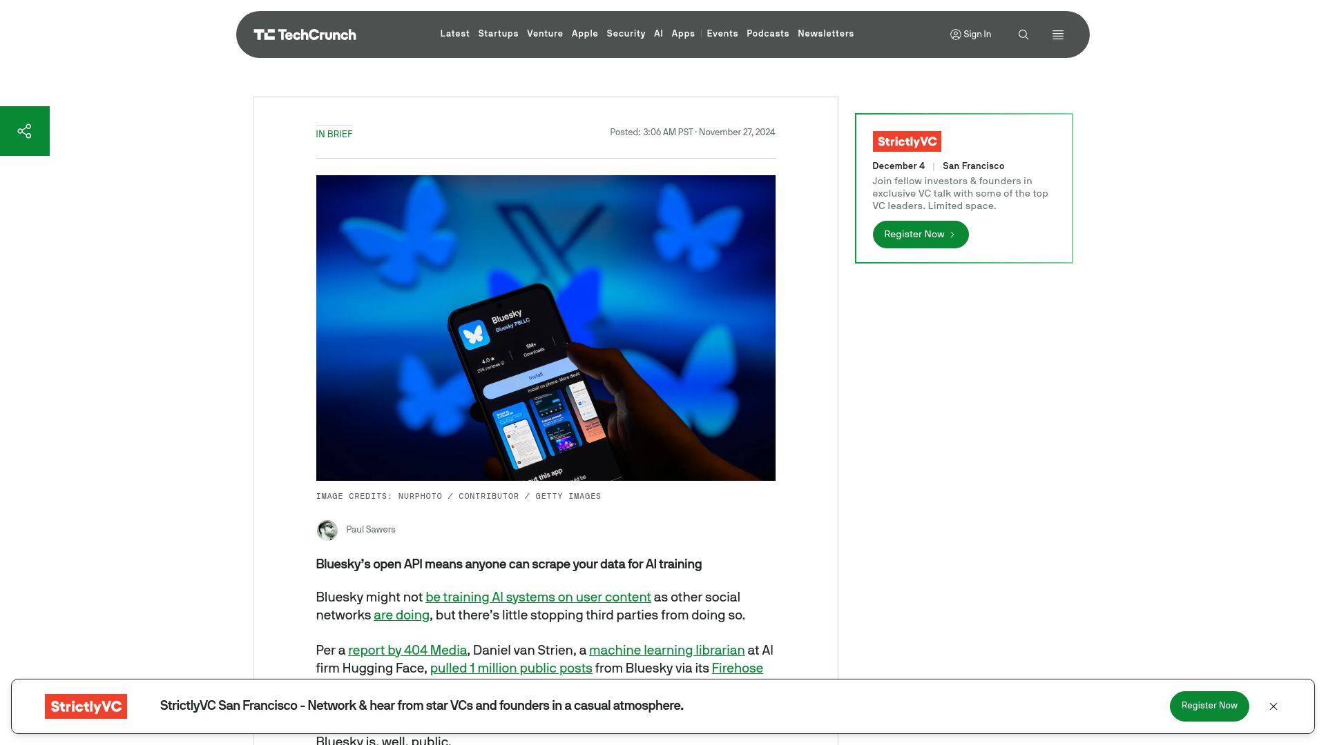 Screenshot of techcrunch.com: Bluesky's open API means anyone can scrape your data for AI training