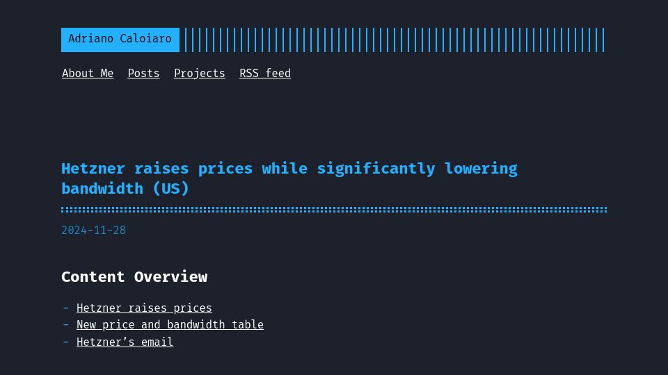 Screenshot of adriano.fyi: Hetzner raises prices while significantly lowering bandwidth (US)