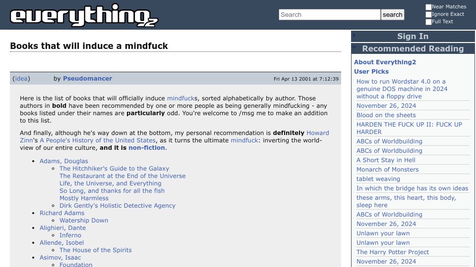 Screenshot of everything2.com: List of books that will induce a mindfuck