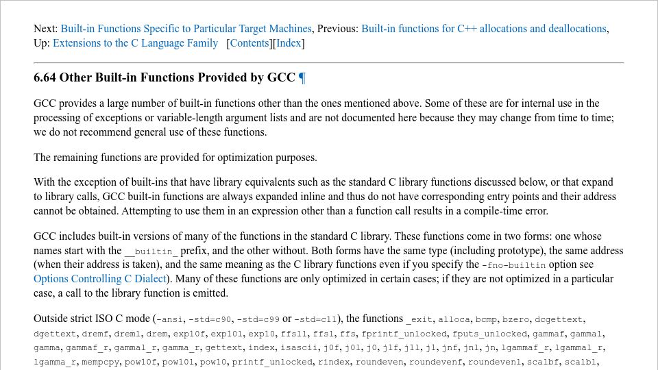 Screenshot of gcc.gnu.org: Built-In Functions Provided by GCC