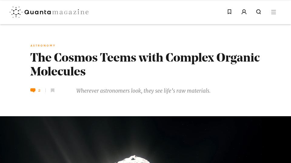 Screenshot of quantamagazine.org: The Cosmos Teems with Complex Organic Molecules