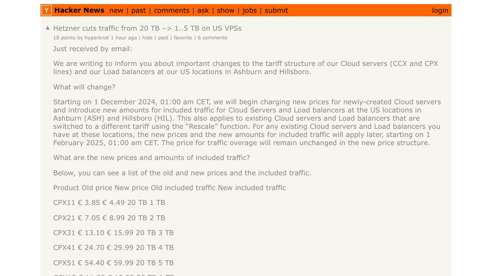 Screenshot of Hacker News post: Hetzner cuts traffic on US VPSs, raises prices