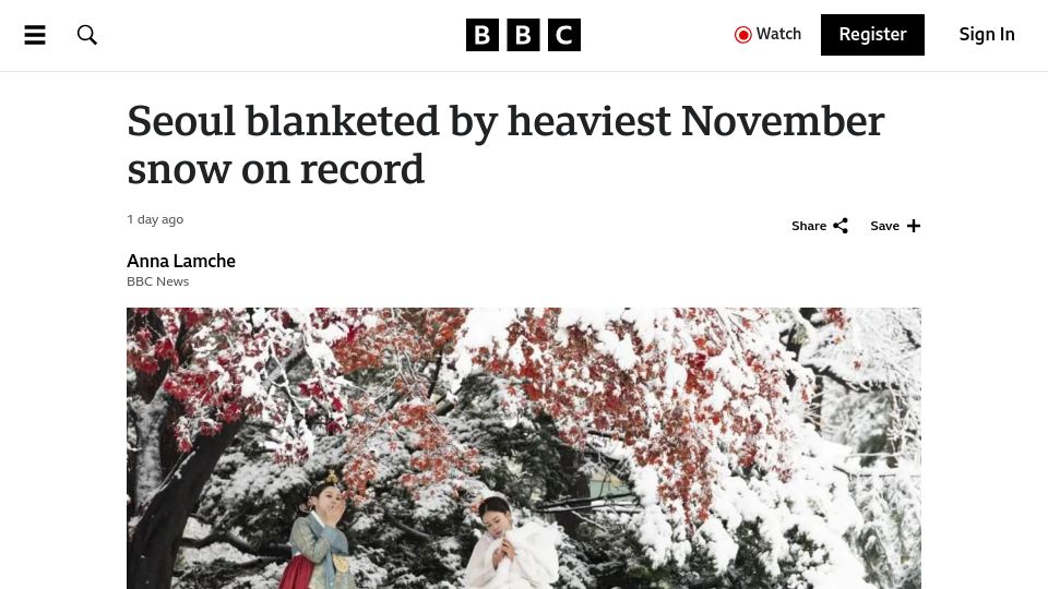 Screenshot of bbc.com: Seoul blanketed by heaviest November snow on record