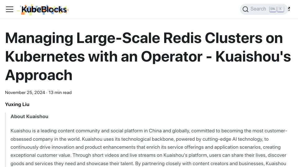 Screenshot of kubeblocks.io: Managing Large-Scale Redis Clusters on K8s – Kuaishou's Approach