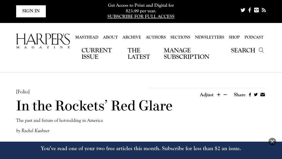 Screenshot of harpers.org: In the Rockets' Red Glare: The past and future of hot-rodding in America