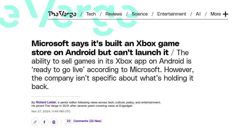 Screenshot of theverge.com: Microsoft says it's built an Xbox game store on Android but can't launch it