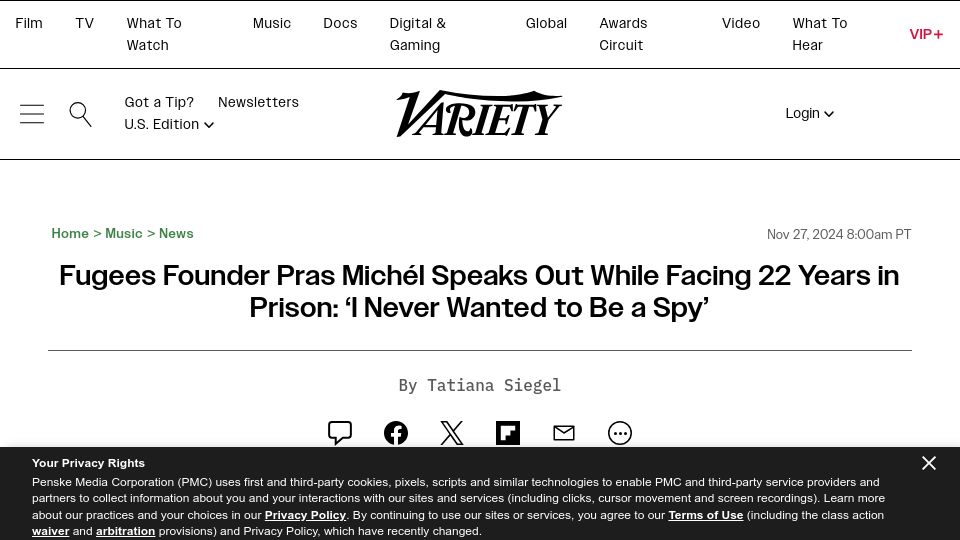 Screenshot of variety.com: Fugees Founder Pras Michél Speaks Out: 'I Never Wanted to Be a Spy'