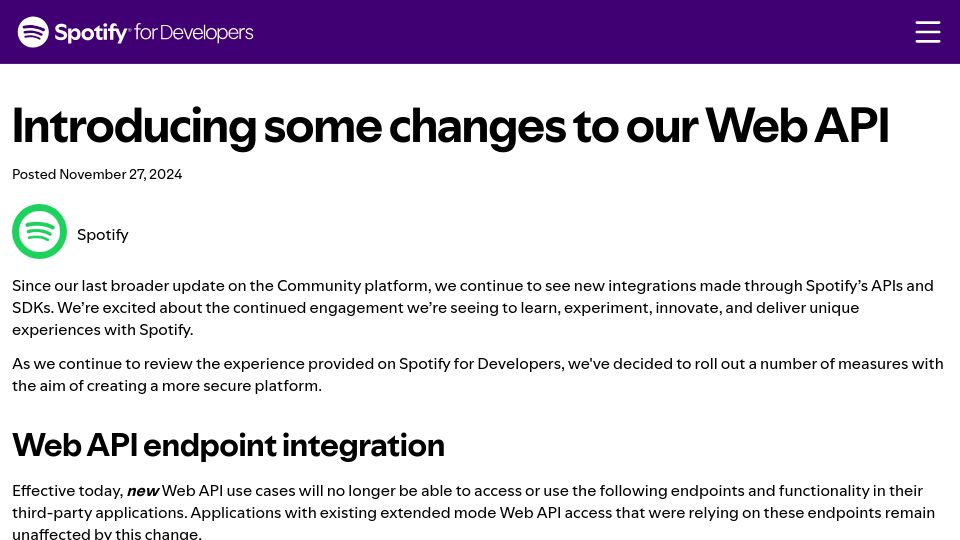 Screenshot of developer.spotify.com: Spotify has shut down several API endpoints
