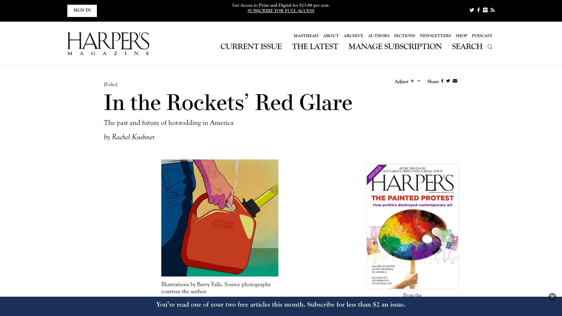 Screenshot of harpers.org: In the Rockets' Red Glare: The past and future of hot-rodding in America