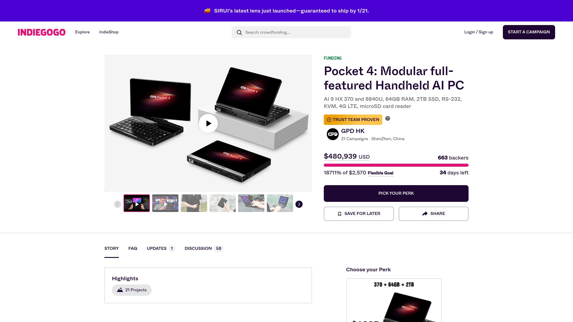 Screenshot of indiegogo.com: Pocket 4: Modular full-featured Handheld AI PC