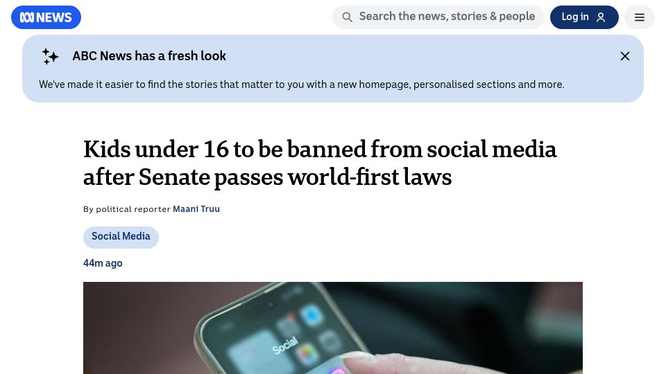Screenshot of abc.net.au: Australia: Kids under 16 to be banned from social media after Senate passes laws