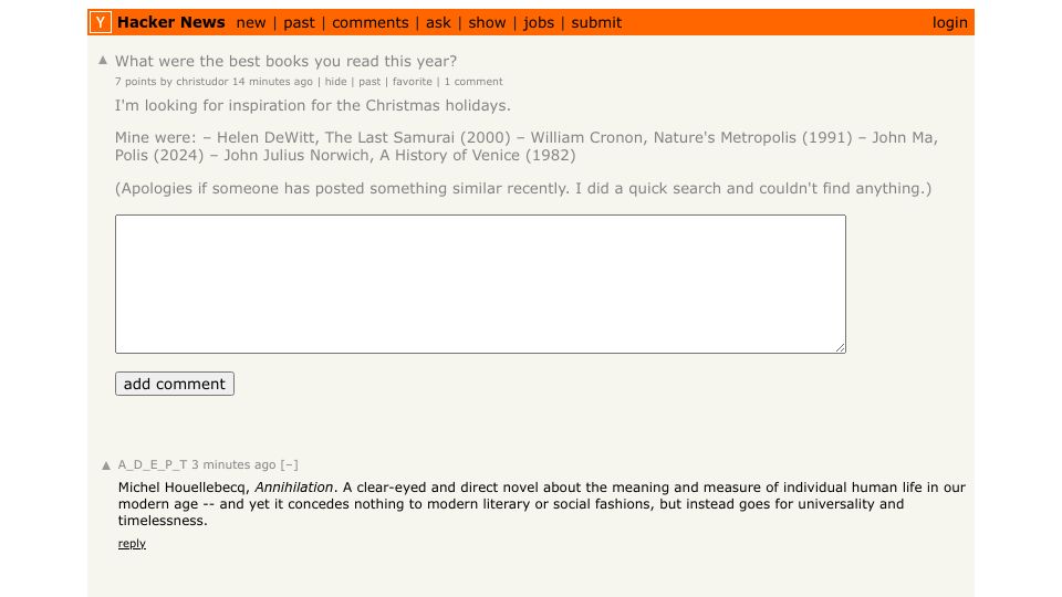 Screenshot of Hacker News post: What were the best books you read this year?