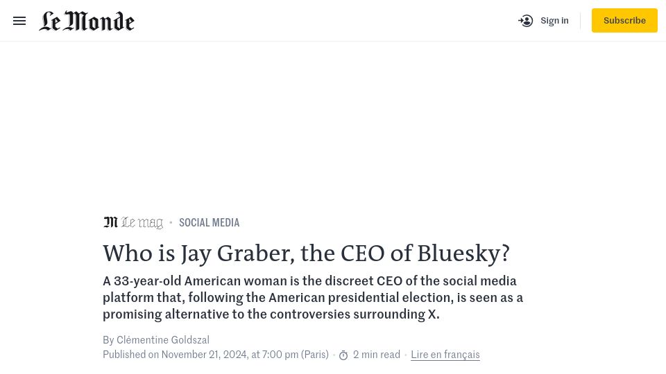 Screenshot of lemonde.fr: Who Is Jay Graber, the CEO of Bluesky?