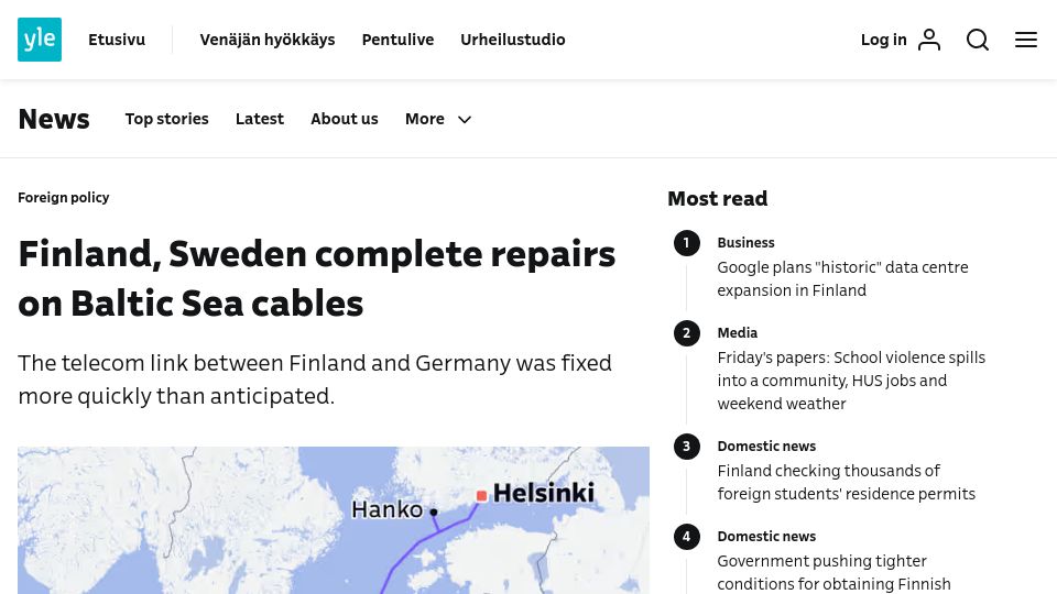 Screenshot of yle.fi: Finland, Sweden complete repairs on Baltic Sea cables
