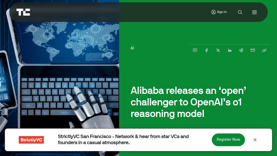 Screenshot of techcrunch.com: Alibaba releases an 'open' challenger to OpenAI's O1 reasoning model