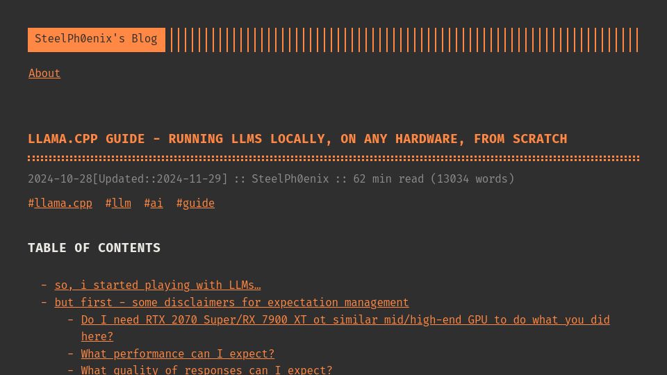 Screenshot of steelph0enix.github.io: Llama.cpp guide – Running LLMs locally on any hardware, from scratch