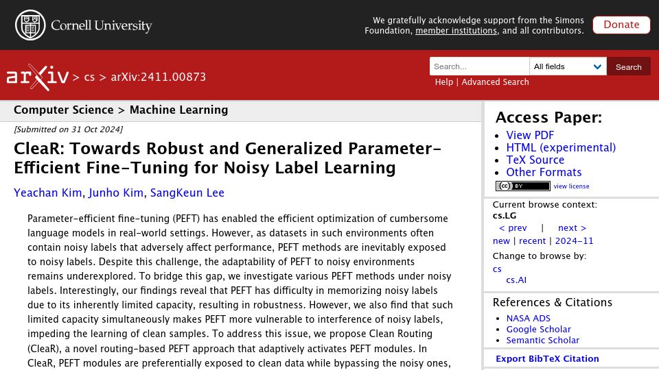 Screenshot of arxiv.org: CleaR: Robust and Generalized Parameter-Efficient Fine-Tuning for Noisy Labels