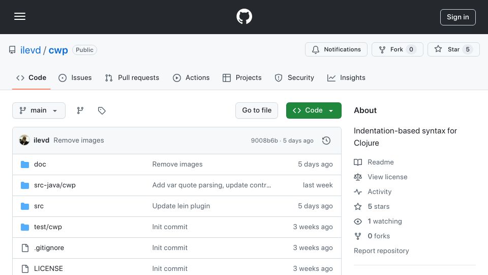Screenshot of github.com: Show HN: Indentation-based syntax for Clojure