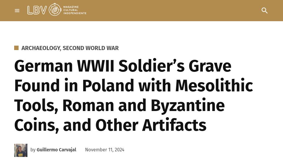 Screenshot of labrujulaverde.com: German WWII Soldier Grave Found with Mesolithic Tools, Roman and Byzantine Coins